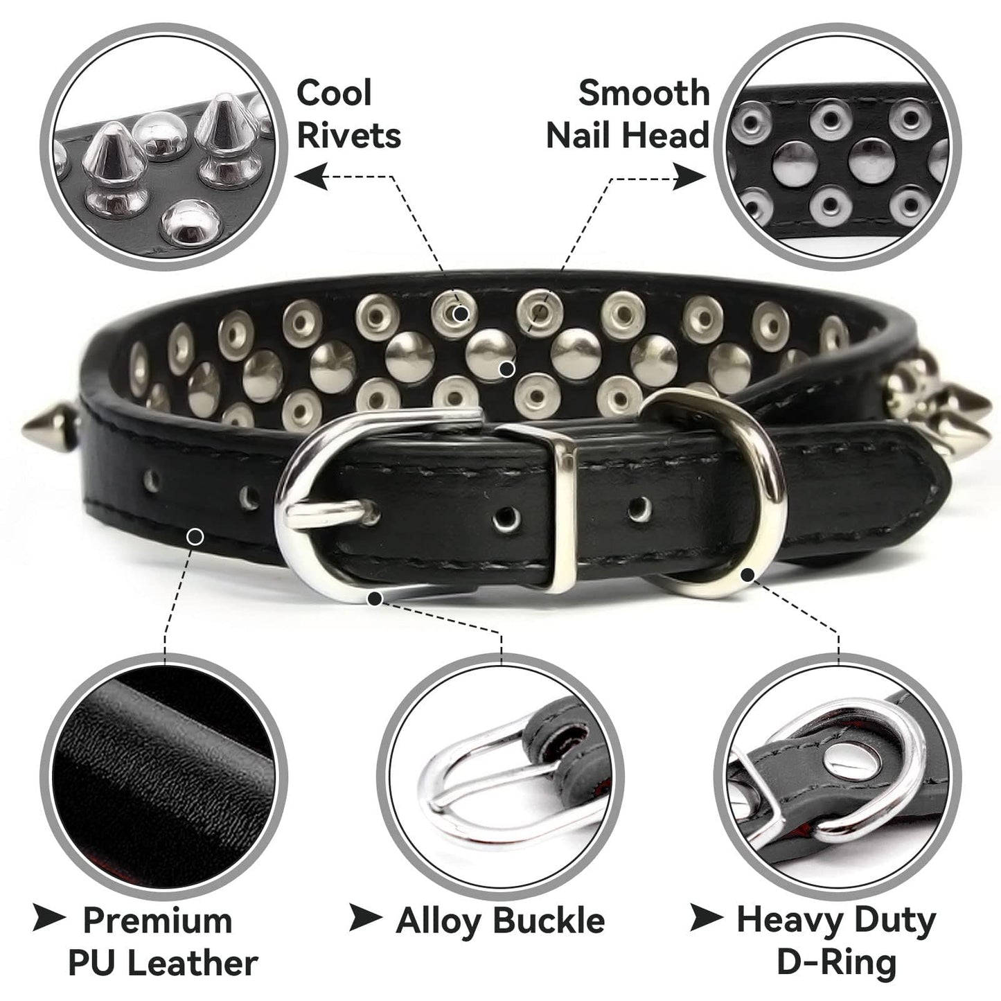 Spiked Black Dog Cat Collar For Small Medium Dogs - Adjustable Studded Puppy Collars - Soft Padded Punk Leather Dog Collar For Small Medium Breed Dogs