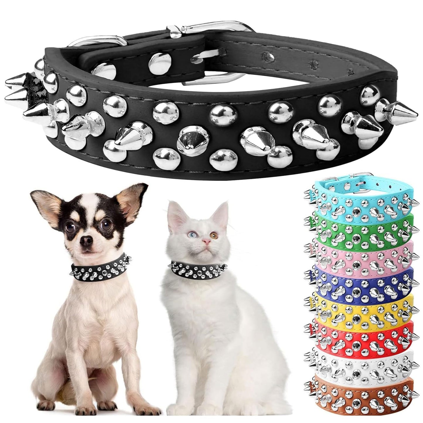 Spiked Black Dog Cat Collar For Small Medium Dogs - Adjustable Studded Puppy Collars - Soft Padded Punk Leather Dog Collar For Small Medium Breed Dogs