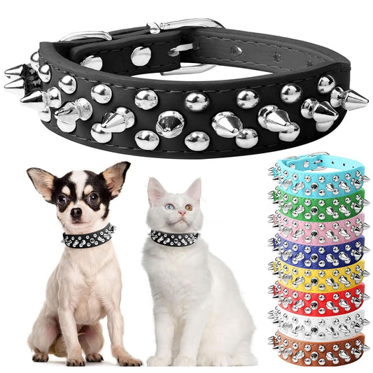 Spiked Black Dog Cat Collar For Small Medium Dogs - Adjustable Studded Puppy Collars - Soft Padded Punk Leather Dog Collar For Small Medium Breed Dogs