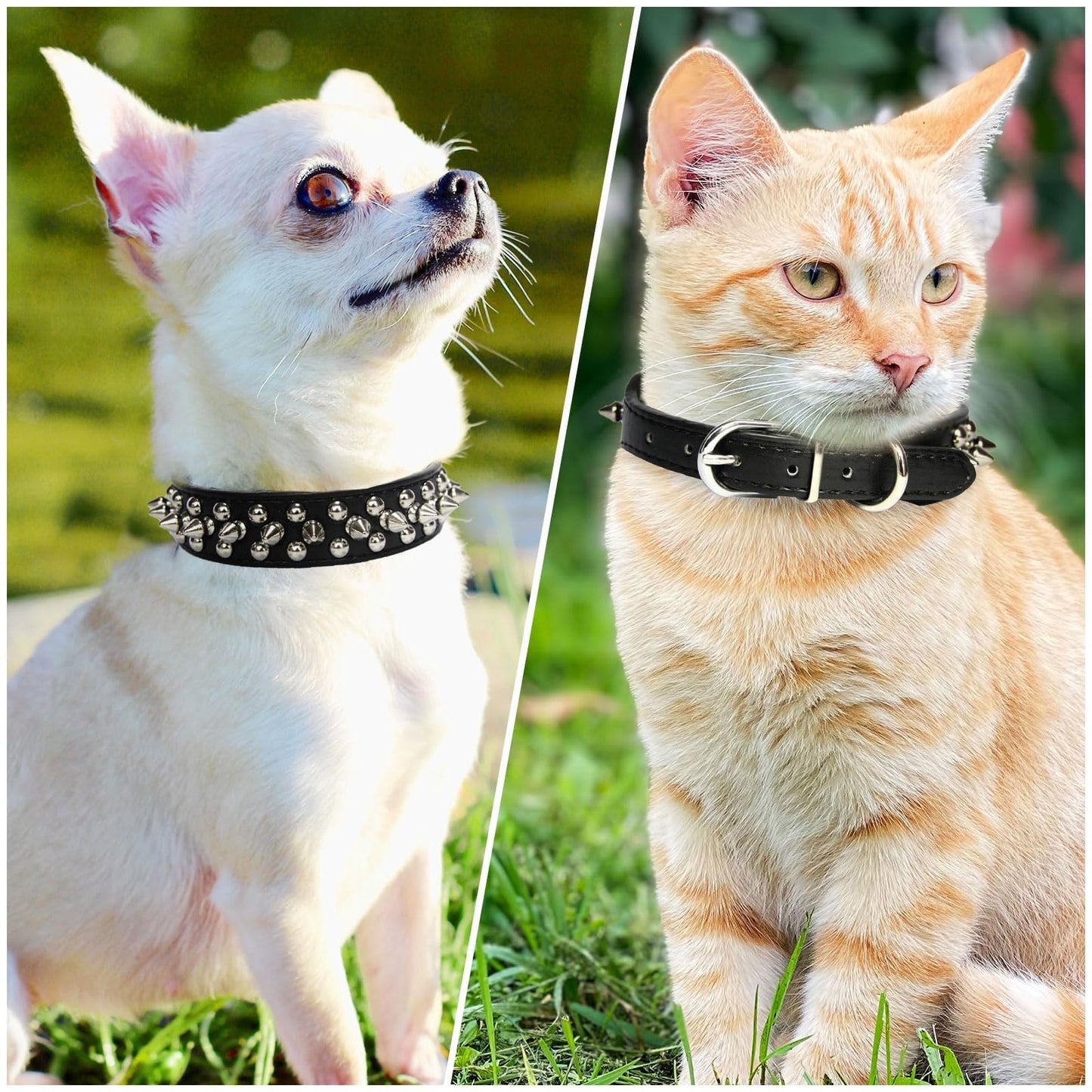 Spiked Black Dog Cat Collar For Small Medium Dogs - Adjustable Studded Puppy Collars - Soft Padded Punk Leather Dog Collar For Small Medium Breed Dogs